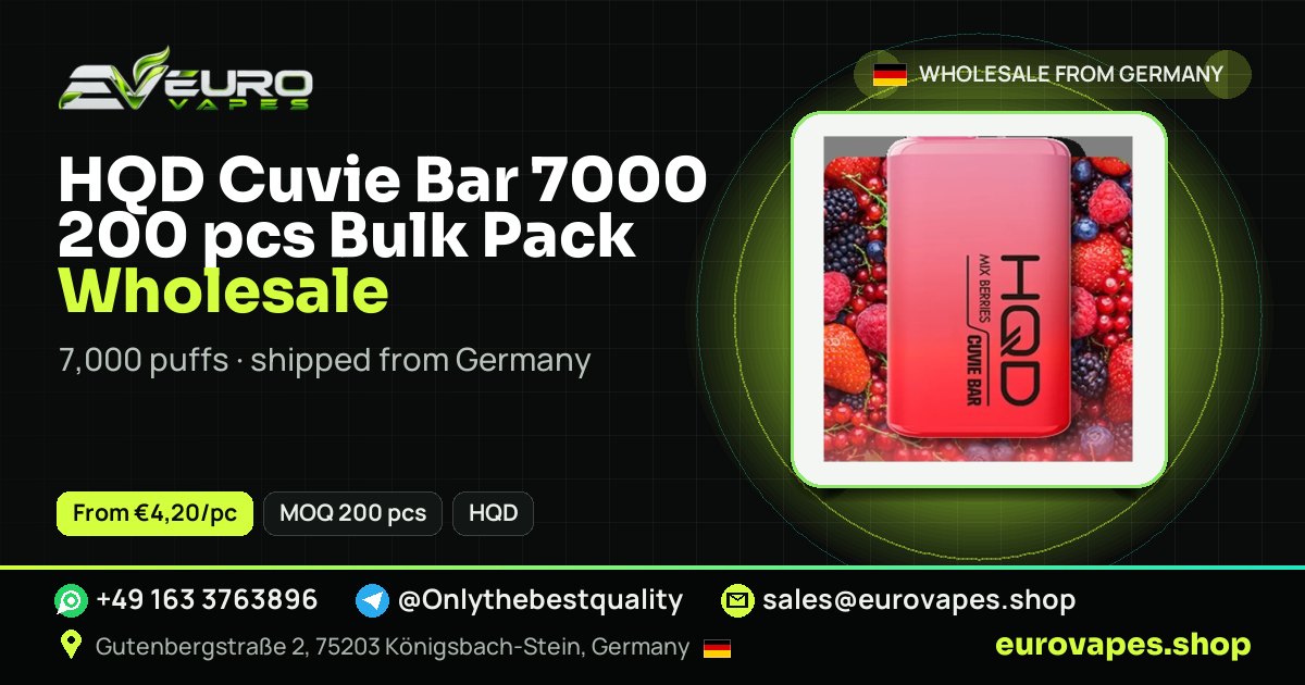 HQD Cuvie Bar 7000 200 pcs Bulk Pack wholesale price and MOQ – Euro Vapes Germany