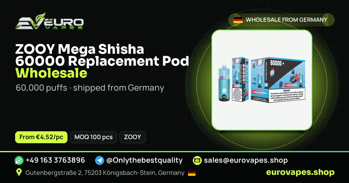 ZOOY Mega Shisha 60000 Replacement Pod wholesale price and MOQ – Euro Vapes Germany